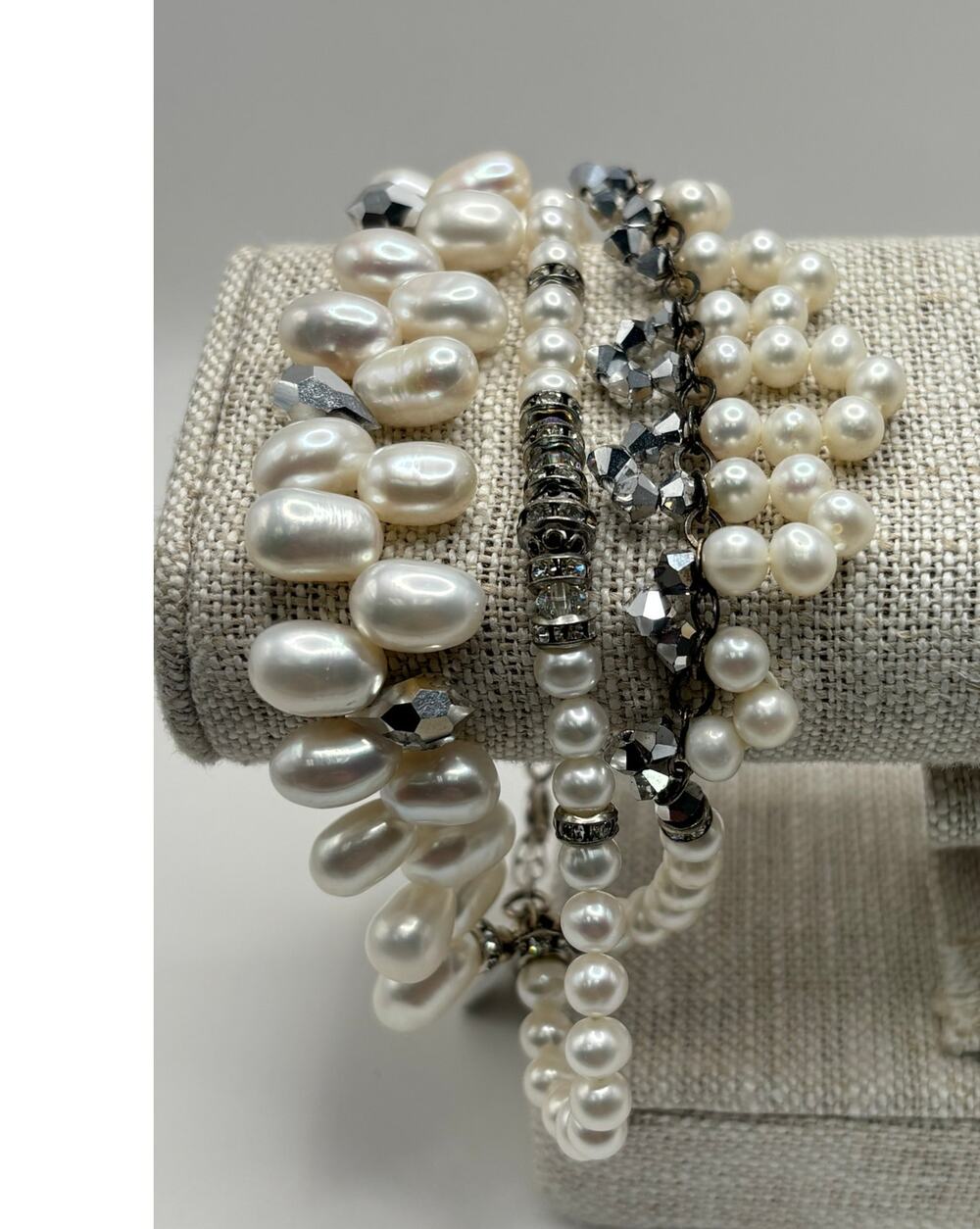 Lori Frantz-Koenig White Faux Pearl Rhinestone Triple Strand Bracelet 9" #76906